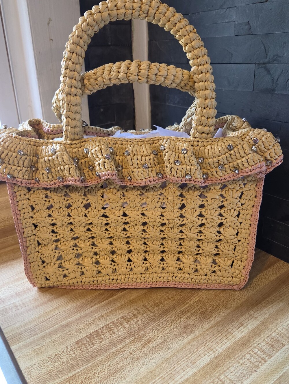 Kurt Geiger Straw Crochet Tote with Pink Trim and Gold Hardware - Picture 4 of 8